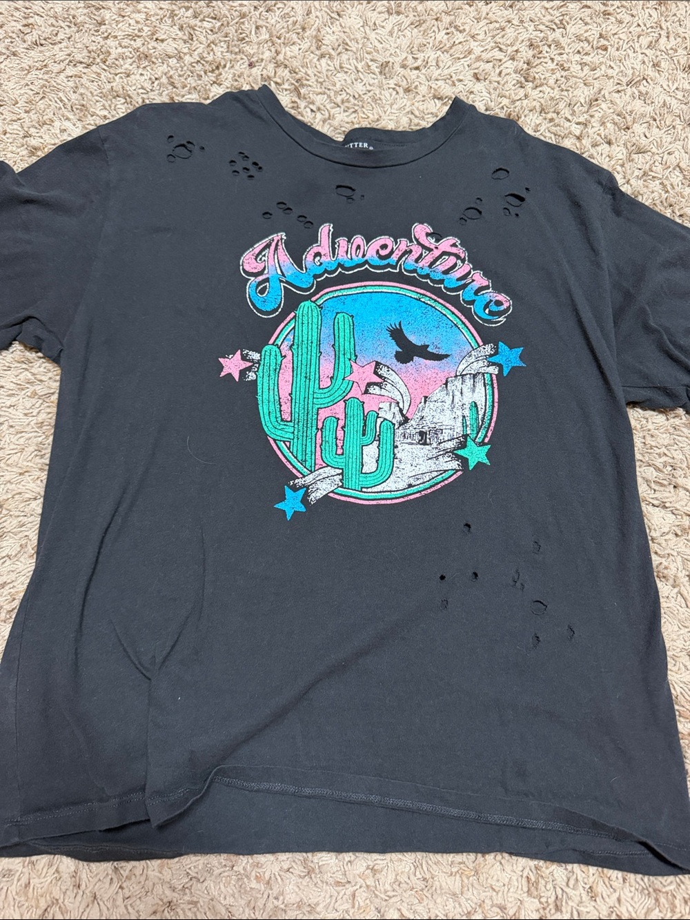 Women’s  Black Graphic Tee with Turquoise & Pink Desert Print distressed
